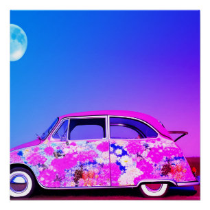 Póster Carro floral azul rosa roxo arte de ia céu lua azu