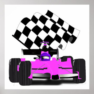 Póster Carro Girly Race Rosa com Sinalizador Verificado