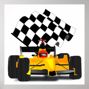 Póster Carro Race Amarelo com Sinalizador Verificado