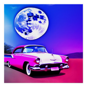 Póster Carro rosa roxo azul no céu de lua azul arte de ia