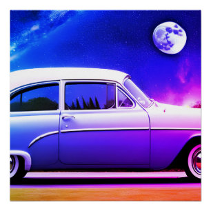 Póster Carro roxo rosa azul em arte de ia lua azul