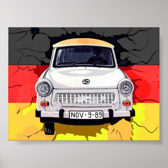 Póster Carro Trabant e bandeira alemã, Muro de Berlim (Frente)