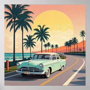 Poster Carro vintage retrorreflector numa estrada costeir