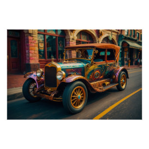 Póster Carro vintage Steampunk na Cidade