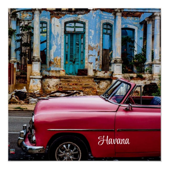 Póster Carro vintage Vermelho de Havana Cuba (Frente)