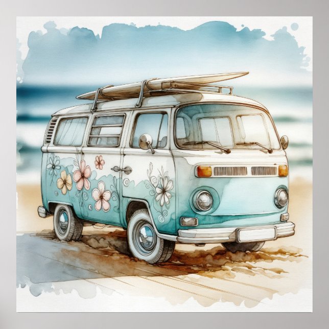 Poster Carroça retrô com flores hippie e prancha de surfe (Frente)
