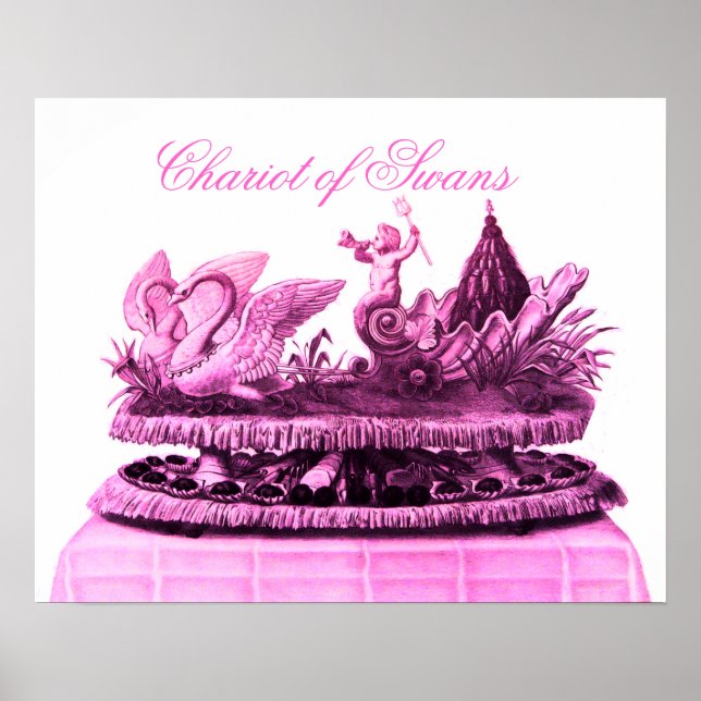 PÓSTER CARROÇA ROSA ANTIGA DE CISNES E CUPCAKES (Frente)