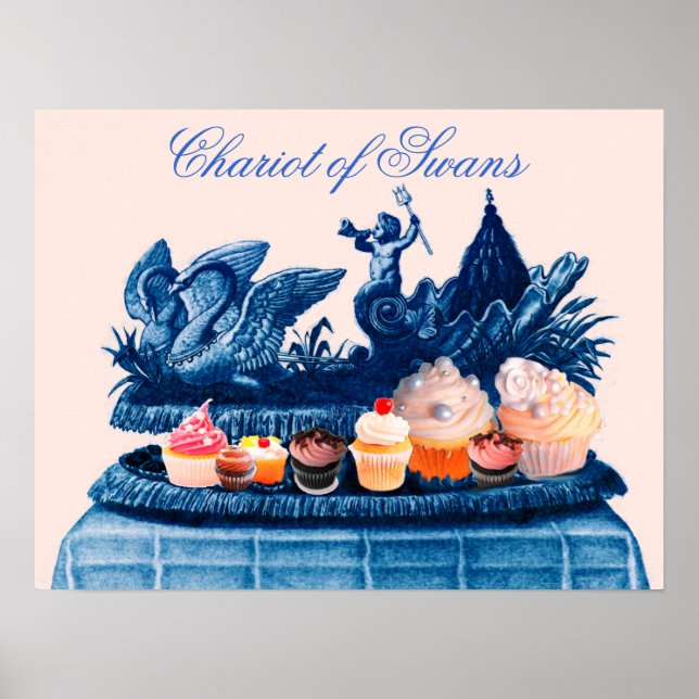 POSTER CARROÇA ROSA ANTIGA DE CISNES E CUPCAKES (Frente)