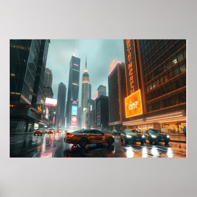 Poster Carros da cidade de arranha-céu Cyberpunk (Frente)