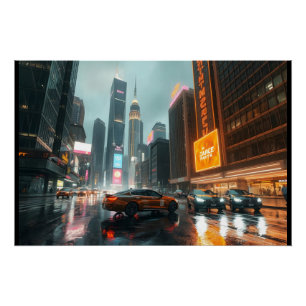 Póster Carros da cidade de arranha-céu Cyberpunk