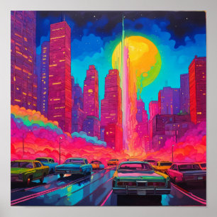 Poster Carros de cidade azul, cor-de-rosa, psicodélicos