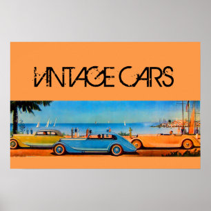 POSTER CARROS VINTAGE AZUIS AMARELOS NA ESTRADA DA PRAIA