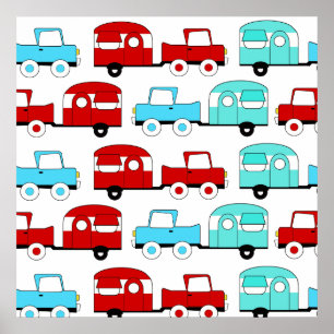 Poster Carros vintage de acampamento retros do vermelho