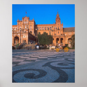 Póster carruagem desenhada em cavalos na Plaza de Espana