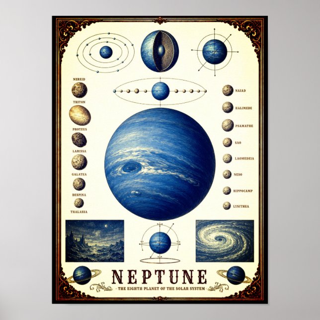 Poster Carta Astronômica de Netuno e suas Luas (Frente)