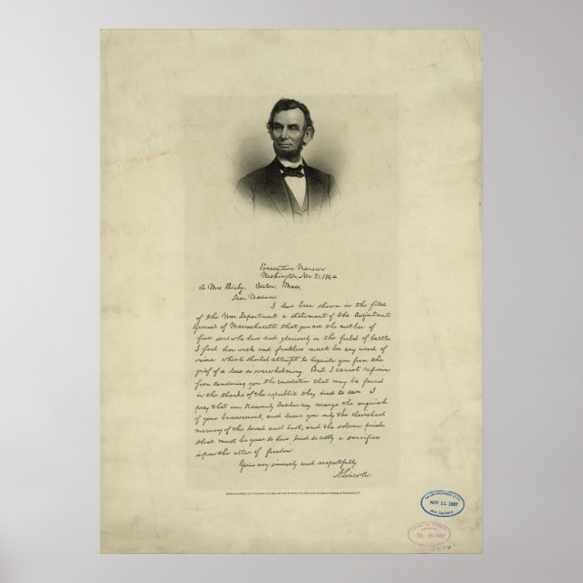 Póster Carta da Guerra Civil de Abraham Lincoln à Sra. Bi (Frente)