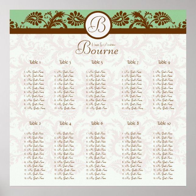 Póster Carta de Assentos Damask Verde Mint Brown 10 Mesas (Frente)