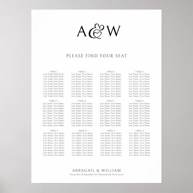 Poster Carta de Assentos de Casamento com Monograma e E C (Frente)