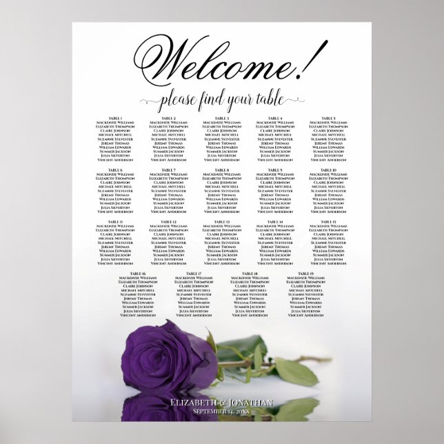 Poster Carta de Assentos de Casamento de Mesa 19 Rosa Rox (Frente)