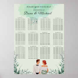 Poster Carta de assentos de casamento em aquarela verde p