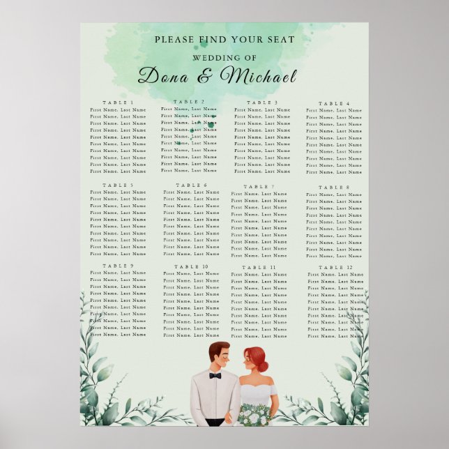 Poster Carta de assentos de casamento em aquarela verde p (Frente)