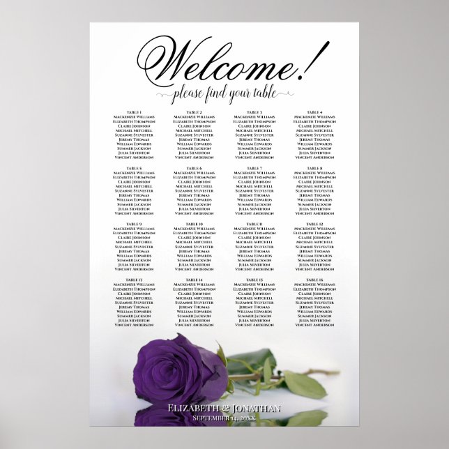 Poster Carta de Assentos de Mesa Elegante Rosa Roxa Real  (Frente)