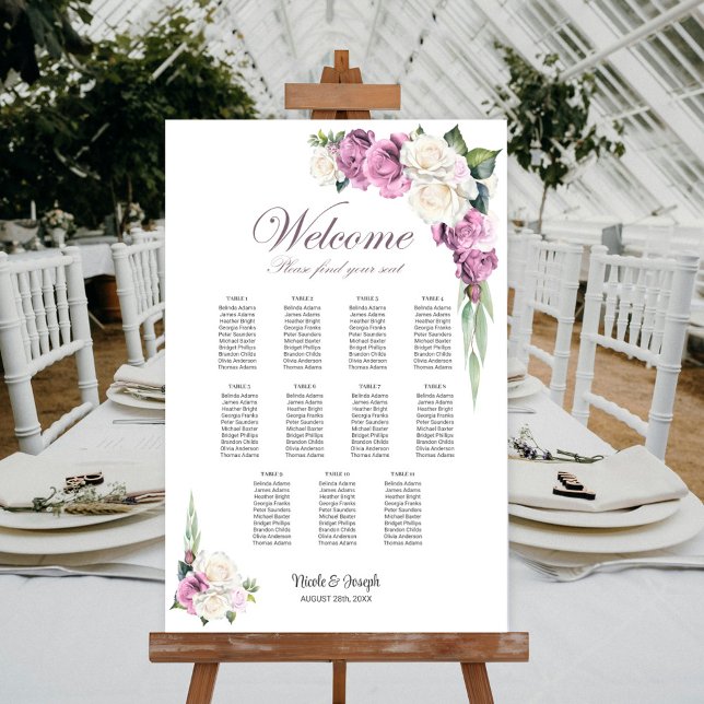 Poster Carta de Assentos Floral Rosa e Branco de Mesa 11 (Criador carregado)