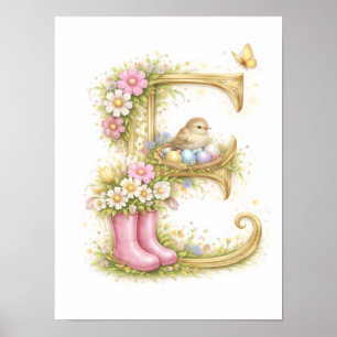 Poster Carta de Berçário E Passarinho Inicial Dourado Flo