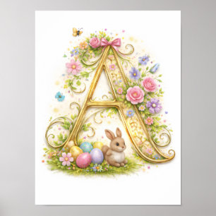 Poster Carta de Berçário Inicial Bebê A Dourado Floral