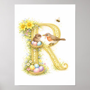Poster Carta de Berçário R Robin Bebê Inicial Dourado Flo
