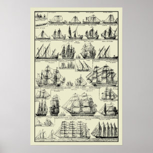 Poster Carta de Navios de Velas Náuticos Vintage