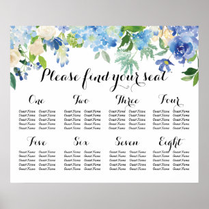 Poster Carta do assento de 8 mesas - floral azul e