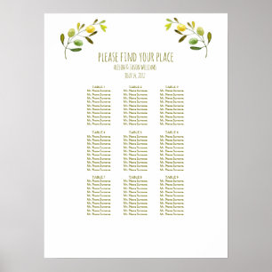 Póster Carta do assento do comensal de casamento do ramo