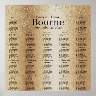 Póster Carta Dourado do assento do casamento do