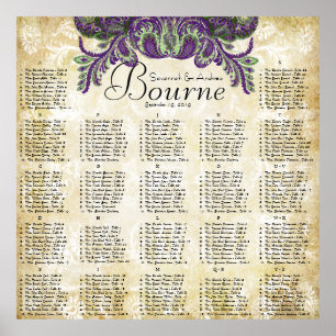 Póster Carta Dourado roxa do assento do casamento do