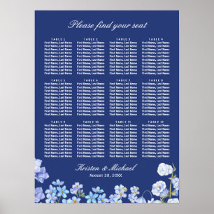 Poster Carta floral azul do assento do casamento dos