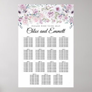 Poster Carta floral branca roxa do assento do casamento