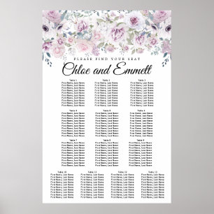 Poster Carta floral branca roxa do assento do casamento