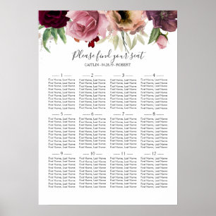 Poster Carta floral do assento do casamento da aguarela