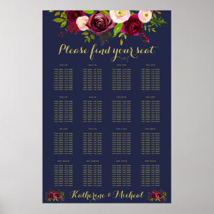 Poster Carta floral do assento do casamento de Borgonha
