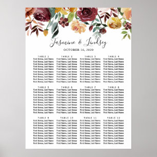 Poster Carta floral do assento do casamento de Borgonha