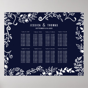Poster Carta floral elegante do azul marinho e a branca