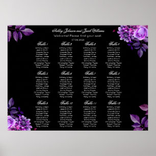 Poster Carta floral preta e roxa do assento do casamento