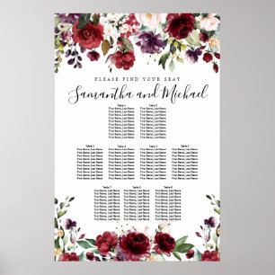 Poster Carta floral vermelha do assento do casamento