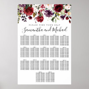 Poster Carta floral vermelha do assento do casamento