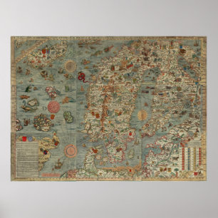 Póster Carta Marina - Ancient Creatures Map of the World
