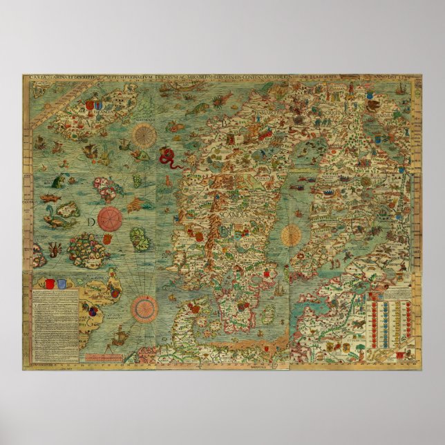 Póster Carta Marina Mapa da Escandinávia por Olaus Magnus (Frente)