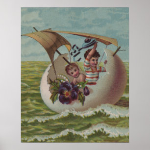Poster Cartão Antigo de Páscoa - Crianças em Ovo de Pásco