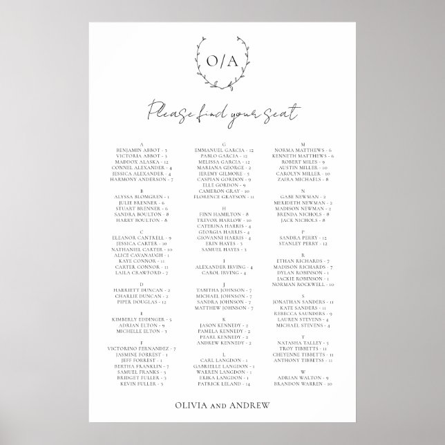 Poster Cartão de Assento de Casamento com Monograma de Co (Frente)