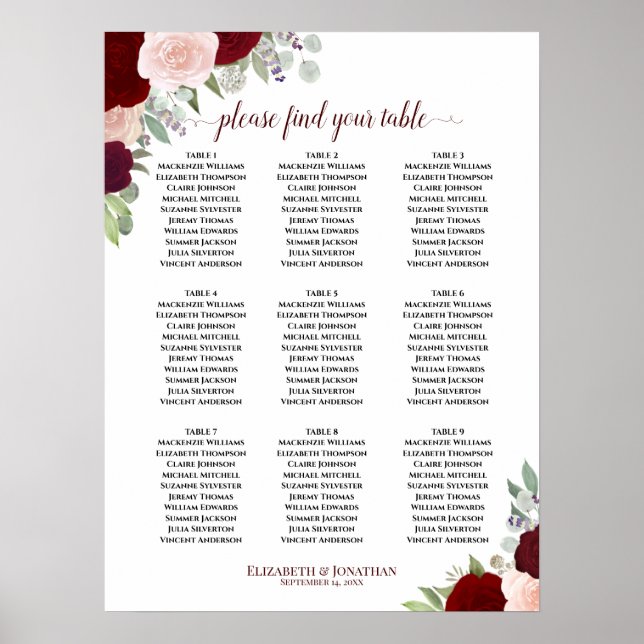 Poster Cartão de Assentos de Casamento de 9 Mesas com Ros (Frente)